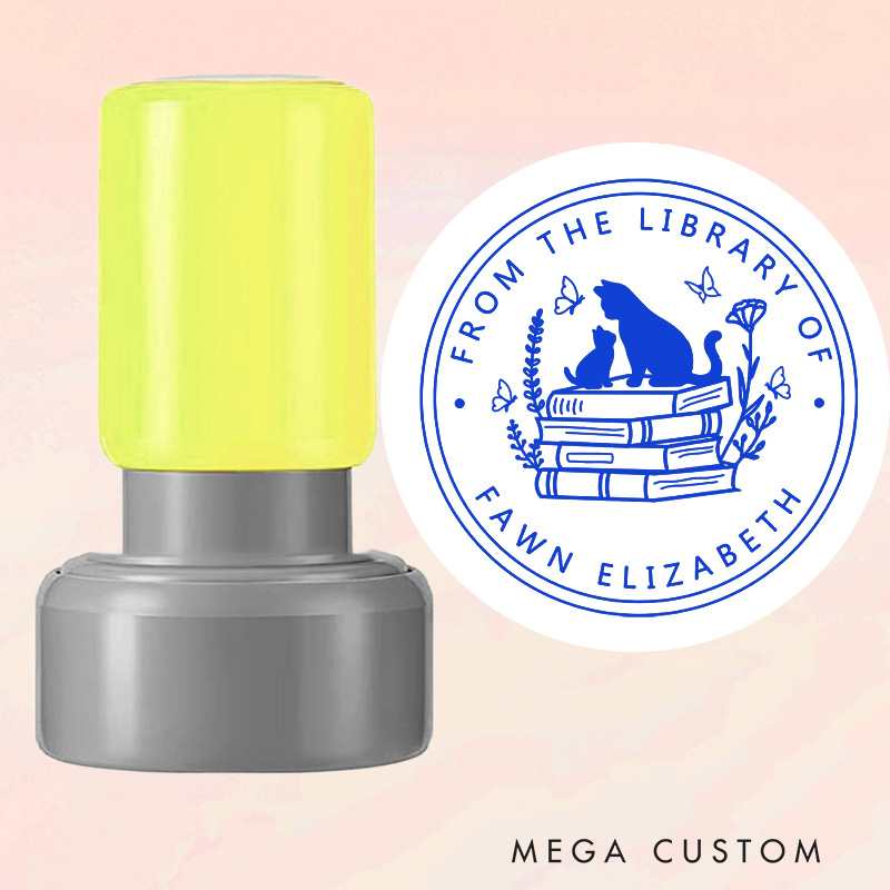 Personalized from the Library of Book Stamp Custom Round Cat and Book Stamps with Name Library Stamp Book Lover Gift Librarian Gift for Her