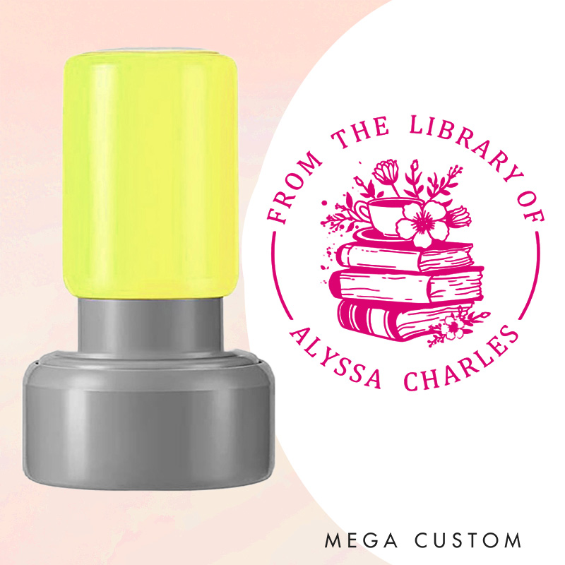 Personalized Flower Book and Coffee Book Stamp from the Library of Stamp Custom Librarian Book Stamp with Name Book Lover Gift Reader Lover Gift