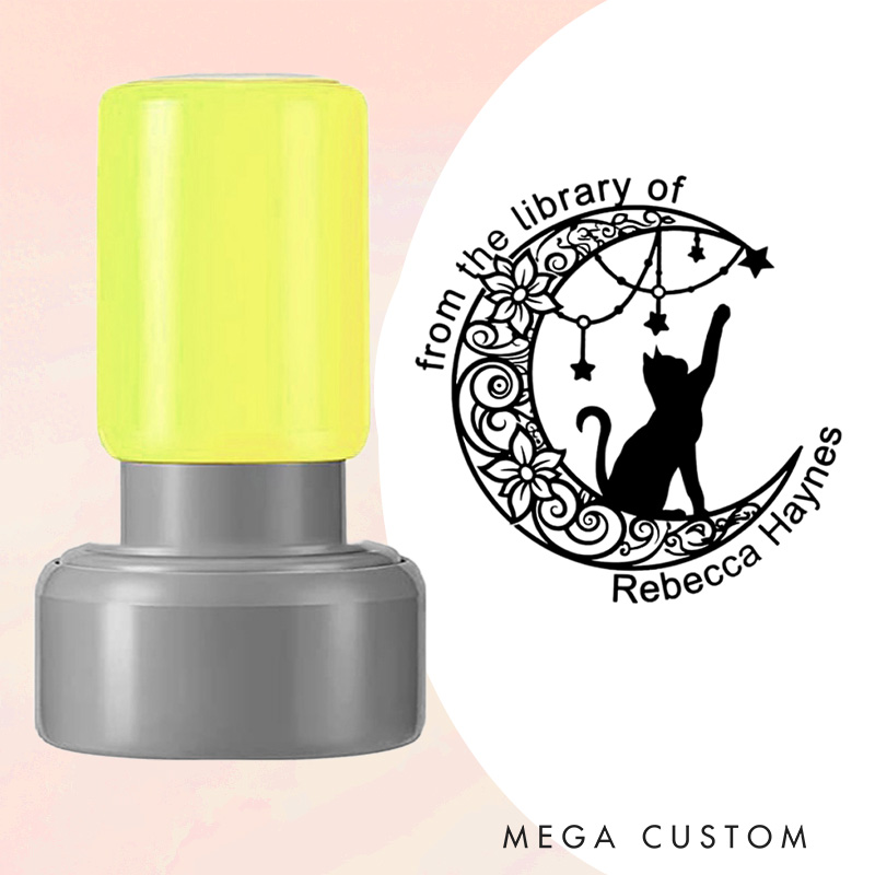 Personalized Cat and Moon Book Stamp from the Library of Stamp Custom Round Librarian Stamp with Name Book Lover Gift for Reading Lover Gift