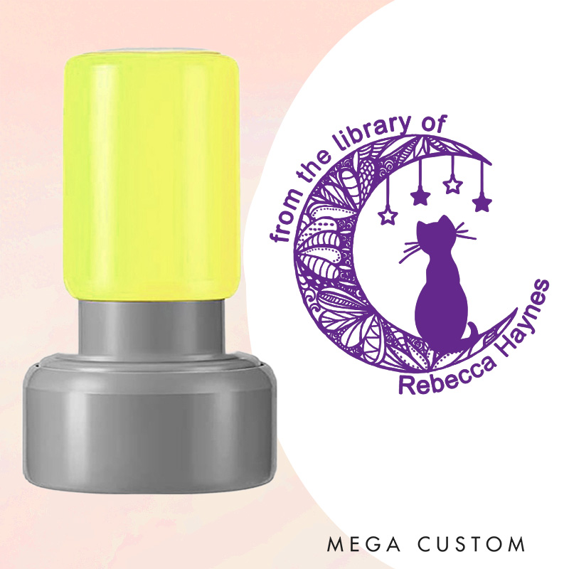 Personalized Cat and Flower Moon Book Stamp from the Library of Stamp with Name Custom Round Librarian Stamp Book Lover Gift for Bookish Gift