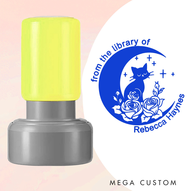 Personalized Moon Cat and Flower Book Stamp Custom from the Library of Stamp with Name Round Librarian Stamp for Book Lover Gift Bookish Gift