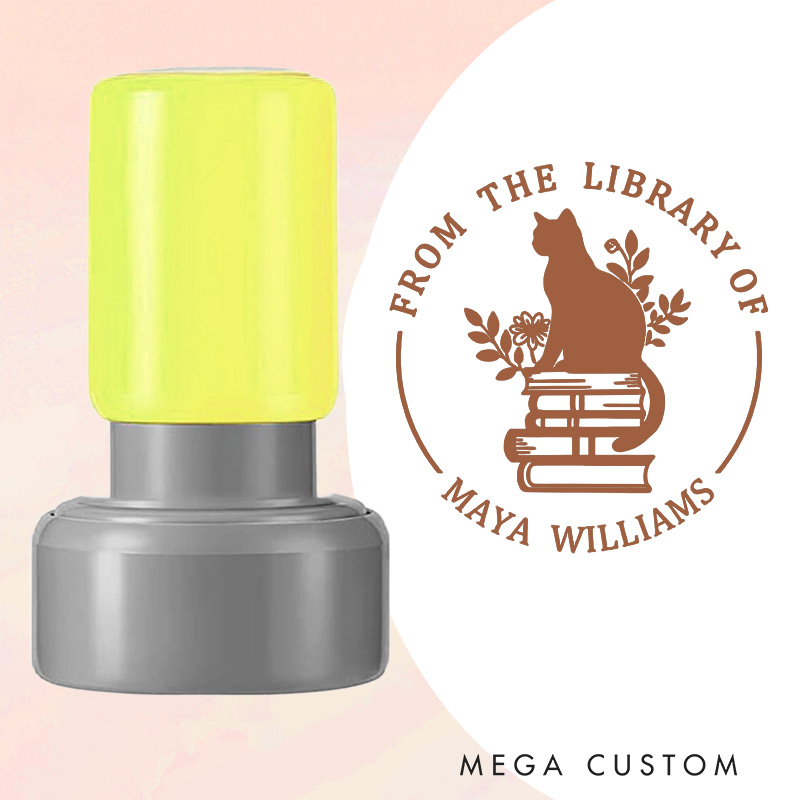 Personalized Book Flower and Cat Book Stamp Custom Round from the Library of Stamp with Name Librarian Stamp for Book Lover Gift Bookish Gift