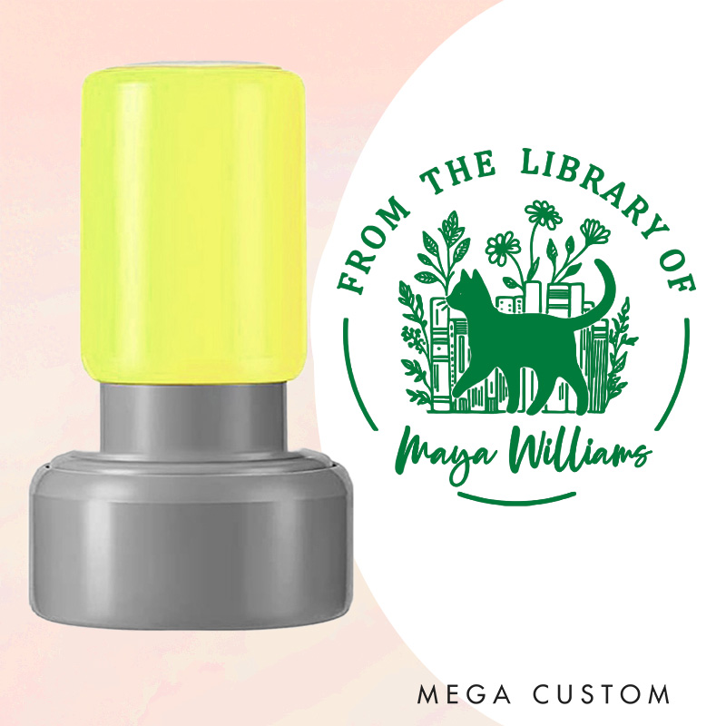 Personalized Walking Cat and Flower Books Book Stamp Custom Round from the Library of Stamp with Name Stamp for Book Lover Gift Bookish Gift