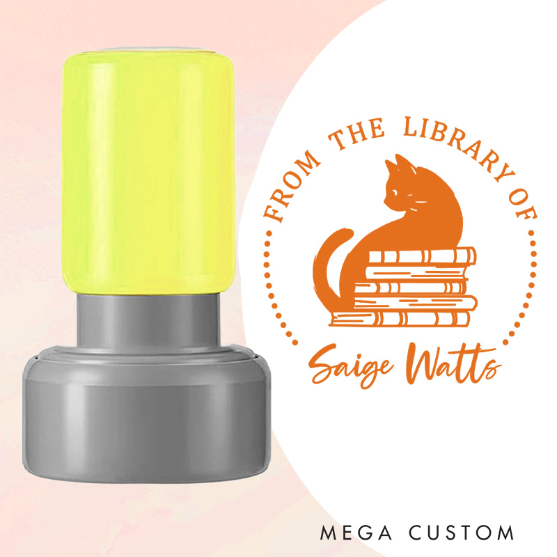 Personalized Cat and Books Book Stamp Round from the Library of Stamp with Name Custom Stamp for Book Lover Gift Reading Gift