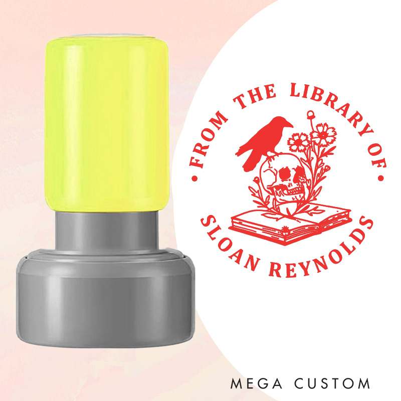 Personalized Flower Book and Skull Book Stamp Round from the Library of Stamp with Name Custom Halloween Stamp for Book Lover Gift Bookish Gift