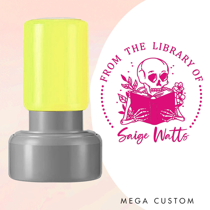 Personalized Reading Skull and Flower Book Stamp Custom from the Library of Stamp with Name Round Stamp for Book Lover Gift Bookish Halloween Gift
