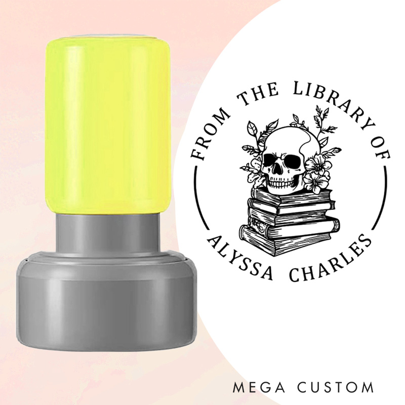 Personalized Flower Book and Skull Book Stamp Custom from the Library of Stamp with Name Round Stamp for Book Lover Gift Bookish Halloween Gift