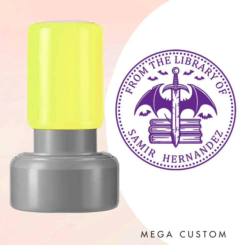 Personalized Book and Bat Sword Book Stamp from the Library of Stamp with Name Custom Round Stamp for Book Lover Gift Bookish Halloween Gift