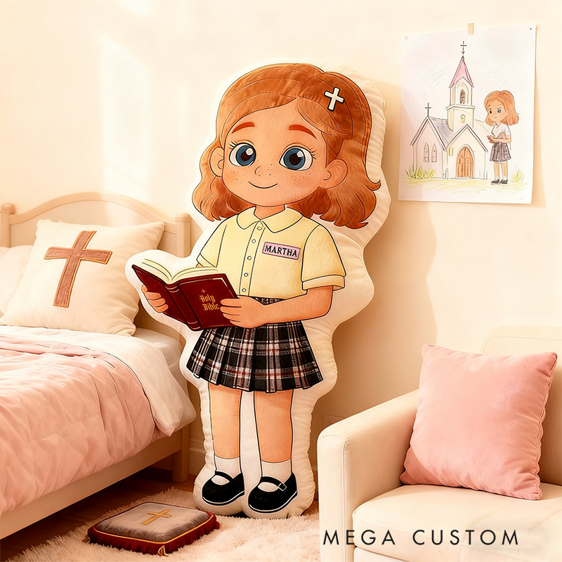 Personalized Cartoon Girl Holding Bible Pillow with Custom Name and Skin Tone Shirt Kids Room Decor Religious Baptisms Gift for Kids Graphic 3D Print