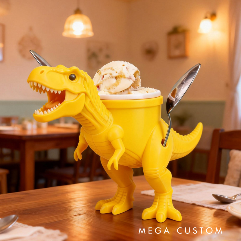 Personalized Dinosaur Theme Custom Name Cool Orange T Rex Ice Cream Holder 3D Printed Cozy with Spoon Slot