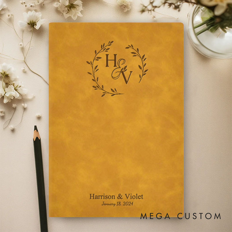 Personalized Laurel Branches with Initials and Date Wedding Couple Leather Journal Notebooks