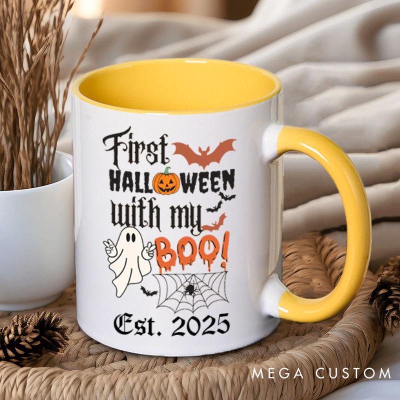 Personalized First Halloween with My Boo Ghost and Pumpkin Two Tone Color Couple Mugs 