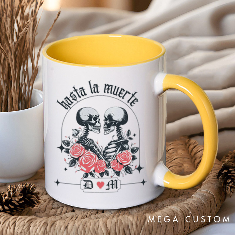 Personalized Hasta La Muerte Skeleton Couple with Roses Couple Mugs 