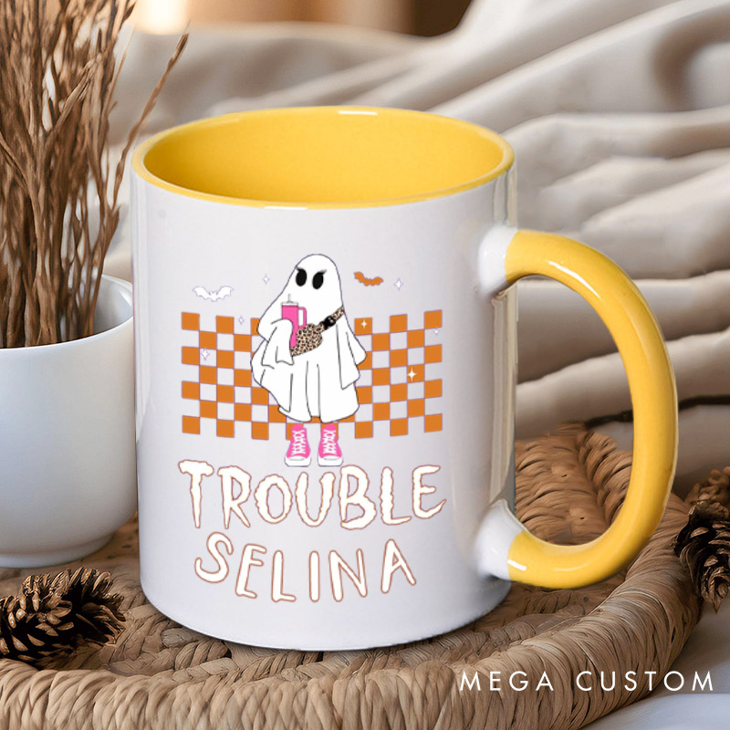 Personalized Where I Go Trouble Follows Ghost with Checkered Background Couple Mugs 