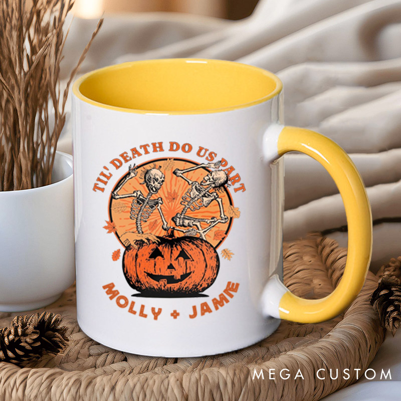 Personalized Til Death Do Us Part Pumpkin Skeleton Couple Halloween Couple Mugs 