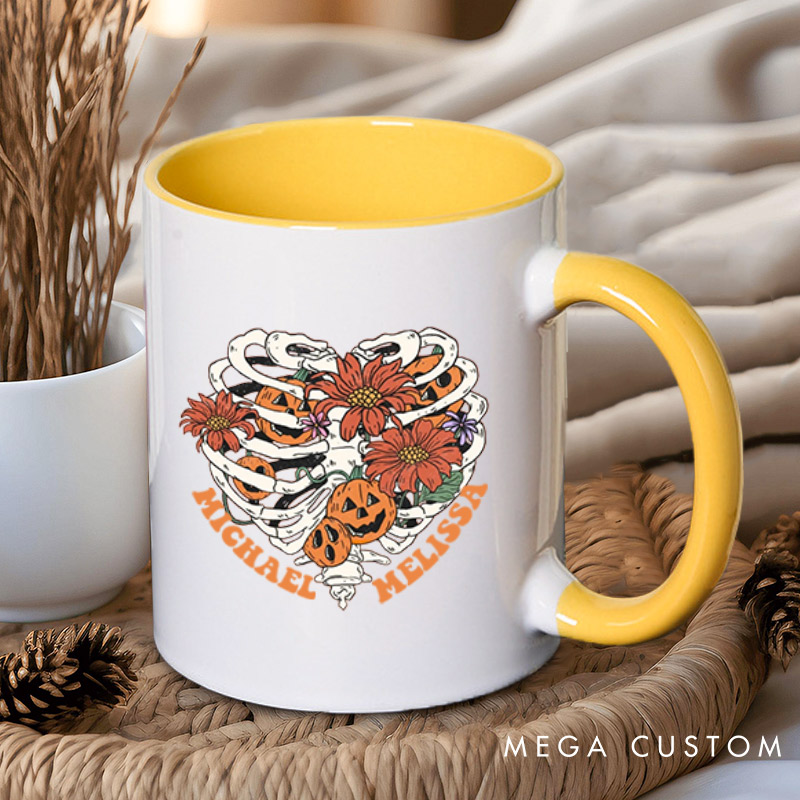 Personalized Floral Skeleton Ribcage with Pumpkins Halloween Couple Mugs