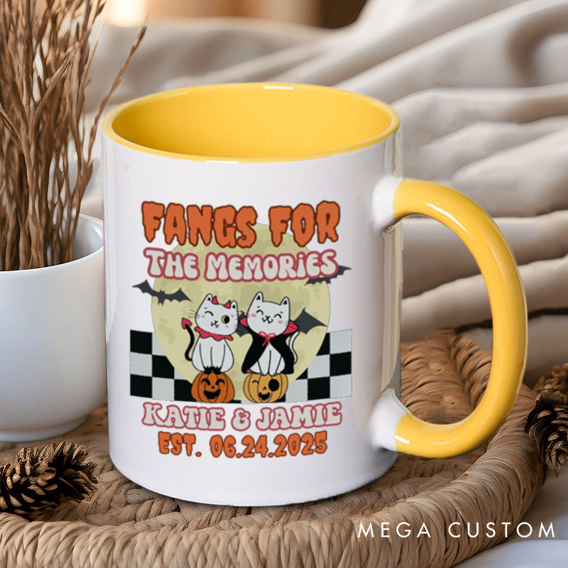 Personalized Love at First Bite and Fangs for the Memories Cat Couple Halloween Couple Mugs
