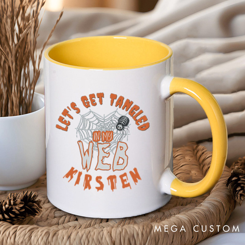 Personalized Rattle My Bone and Let's Get Tangled in My Web Halloween Couple Mugs