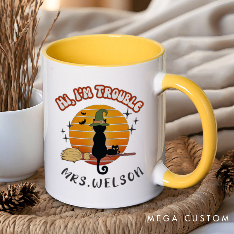 Personalized Trouble Follows Halloween Cat Couple Halloween Couple Mugs