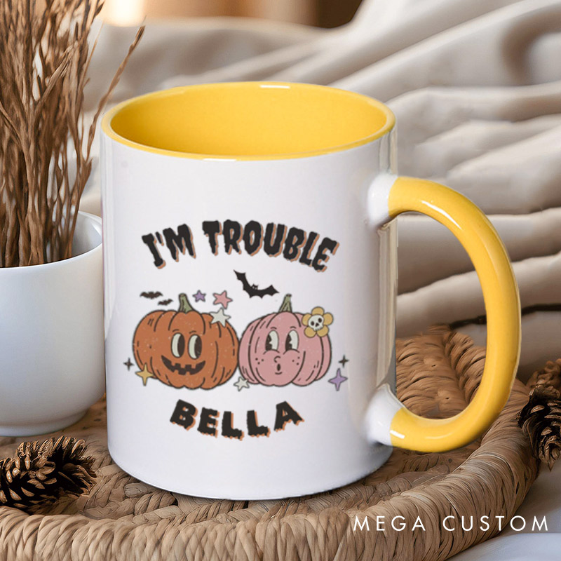 Personalized Where I Go Trouble Follows & I'm Trouble Pumpkin Halloween Couple Mugs
