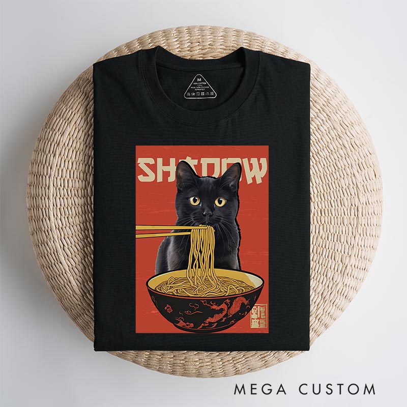 Personalized Noodle Cat Classic T-Shirts Japanese Ramen Cat Tshirt Foodie Lover Shirt Cat Lover Anime Lover