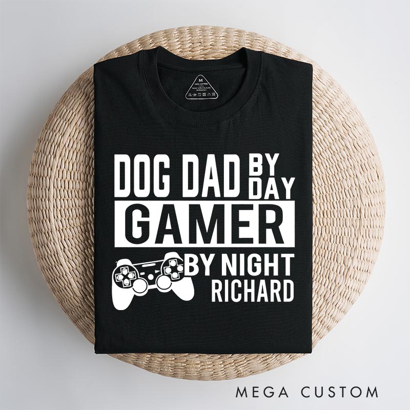 Personalized Dog Dad by Day Gamer by Night Classic T-Shirts Video Game Tshirt Geek Gaming Nerd Shirt