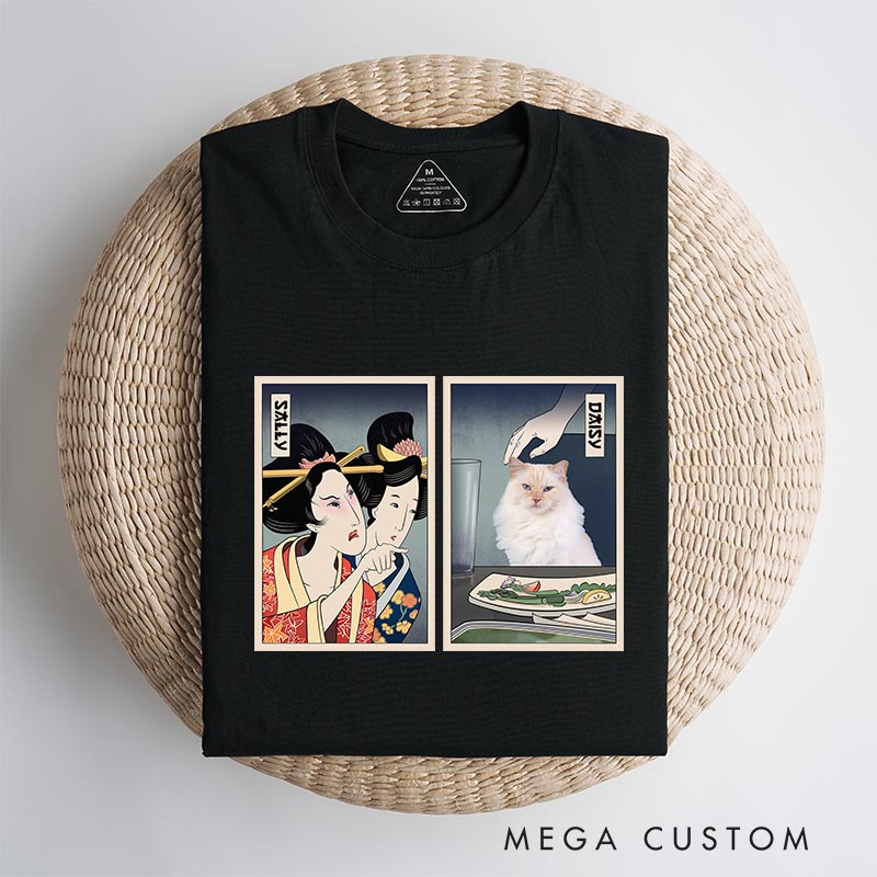 Personalized Woman Yelling at Cat Classic T-Shirts Japanese Ukiyo-e style Shirt Cat Meme for Cat Mom Dad Japanese Lover Ukiyomemes