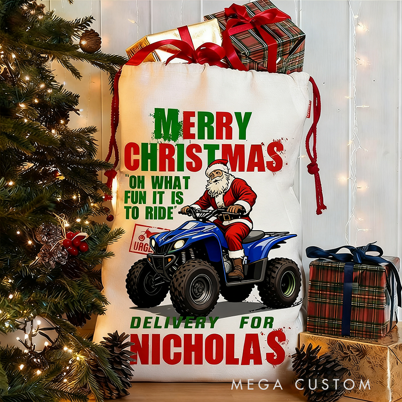 Personalized Santa on Sport Quad Racer Christmas Sack Custom Name Holiday Gift Bag for Racers and Racing Lovers