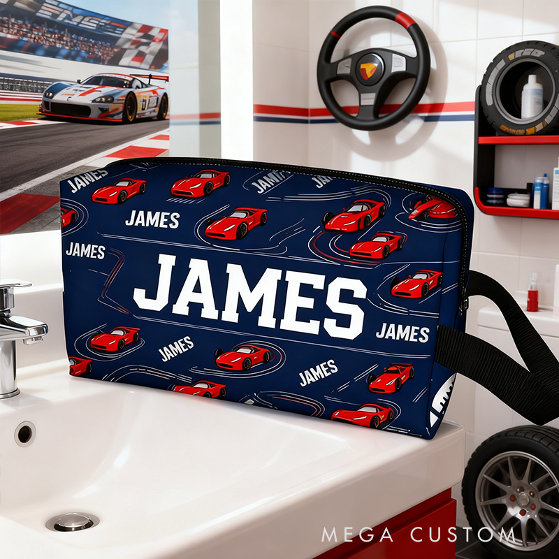 Personalized Racing Theme Toiletry Bag Custom Name Waterproof Travel Pouch with Car Print Multi Color Gifts