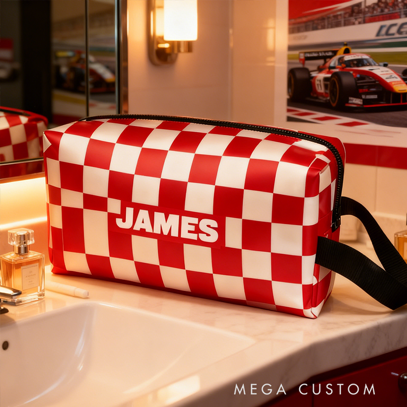 Personalized Checkered Racing Toiletry Bag Custom Name Waterproof Travel Pouch Classic Car Flag Design Gifts