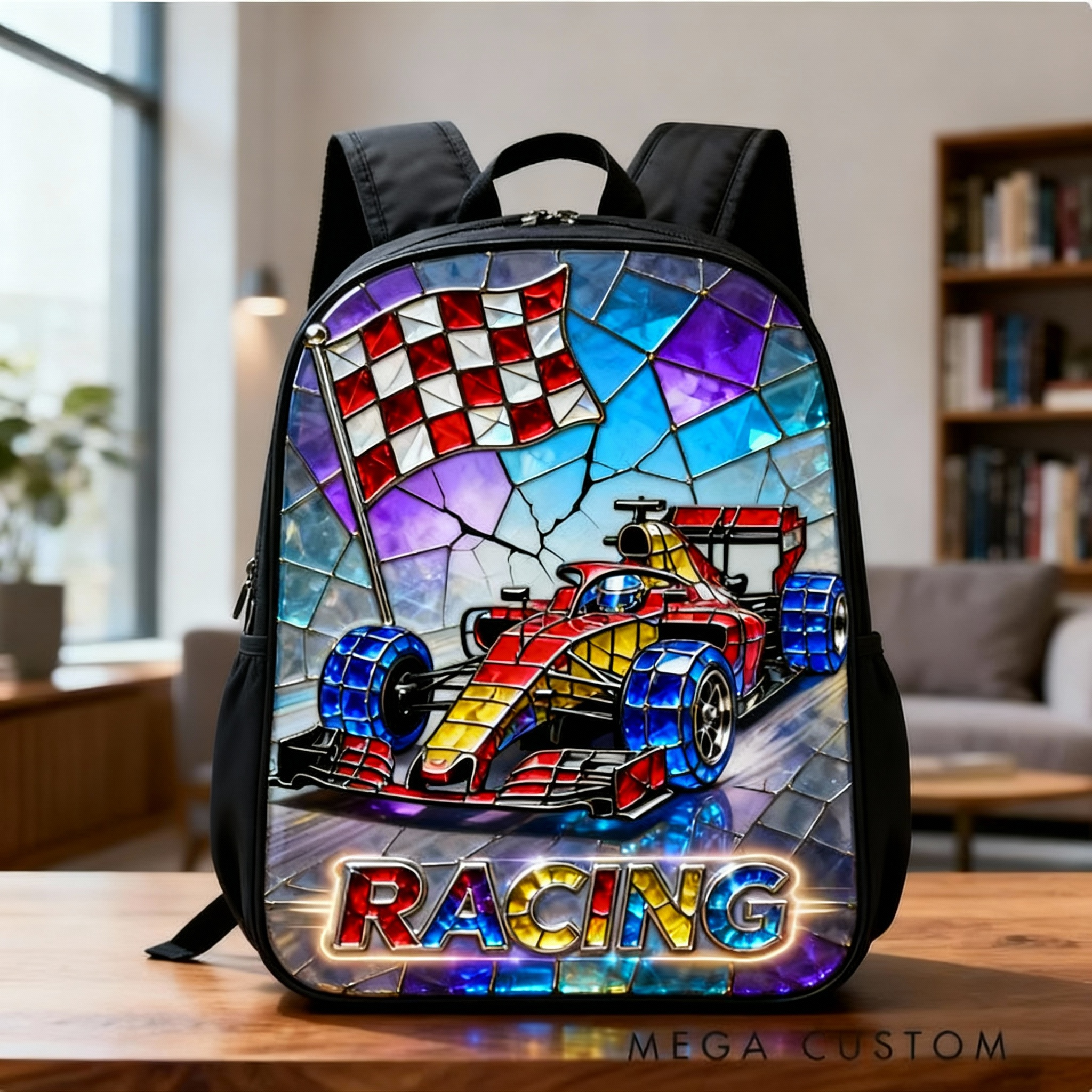 Personalized Stained Glass Racing Backpack Custom Name Oxford Bag for Racers and Racing Enthusiasts