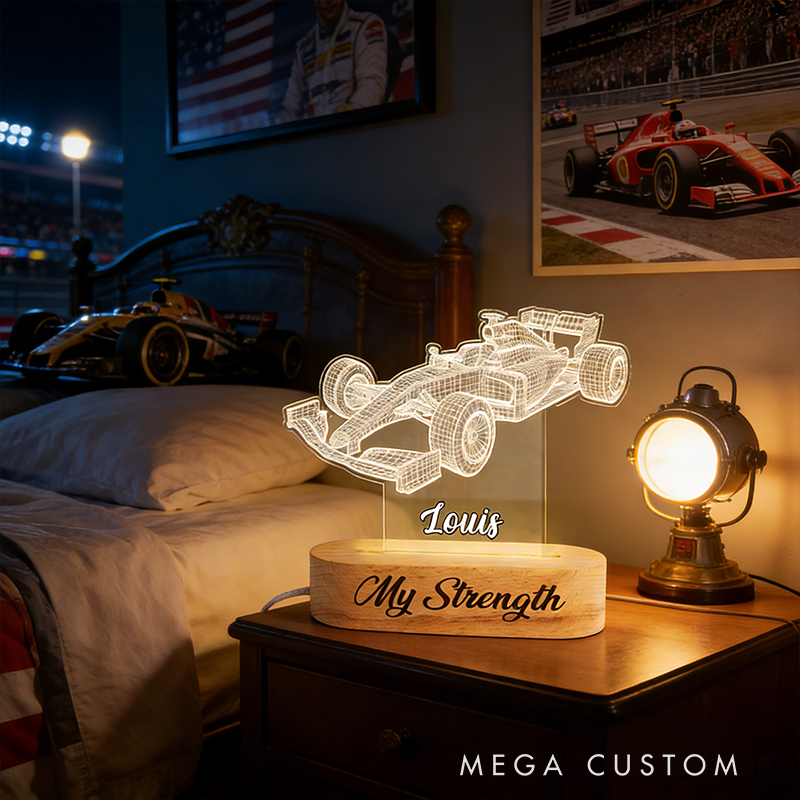 Personalized Racing Gifts Custom Name Acrylic Car Night Light Beech Wood LED Lamp for Car Lovers Bedroom Decor