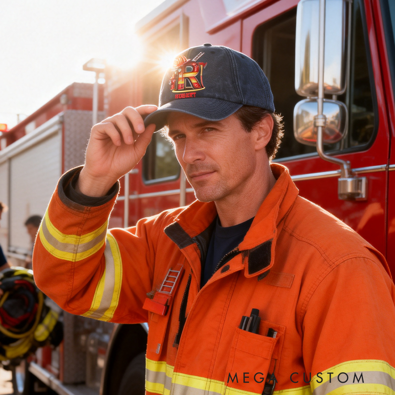 Personalized Firefighter Gifts Custom Name and Initial Alphabet Cap Firefighter Washed Denim Hat Fireman Letter Baseball Cap