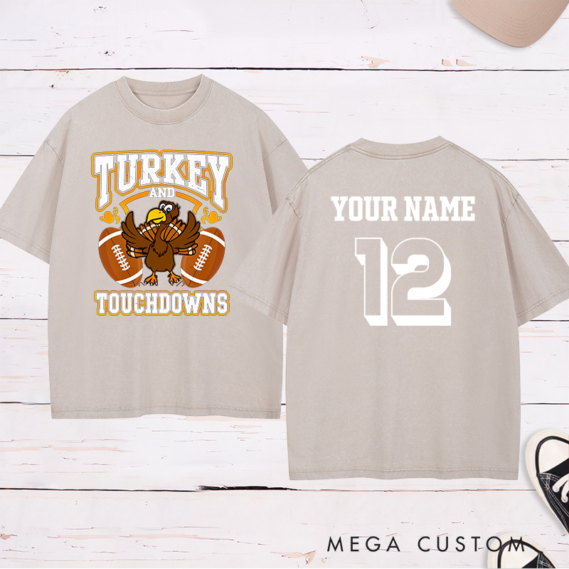 Personalized American Football and Rugby Turkey Washed T-Shirts Featuring Custom Name and Number