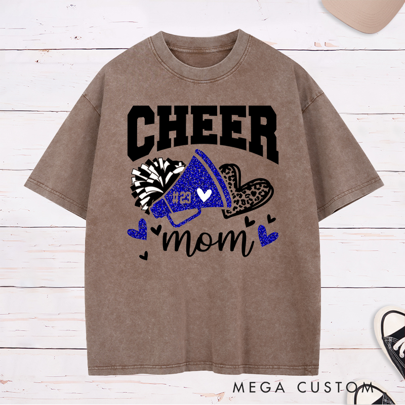 Personalized Cheer Mom Washed T-Shirts Featuring Custom Name - Leopard Glitter Print Heart T-Shirt