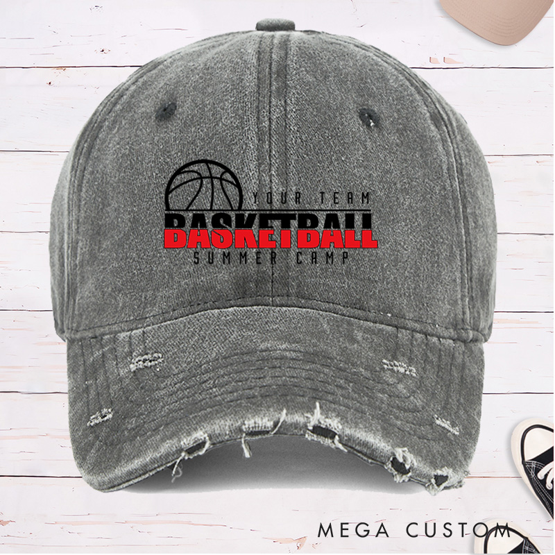 Personalized Distressed Denim Basketball Cap with Custom Team Name and "Basketball Summer Camp" Design