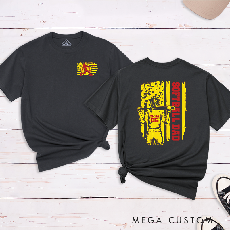 Personalized Softball Dad T-Shirt Design Featuring Player Silhouette Custom Name and Number with Bold Patriotic Graphic