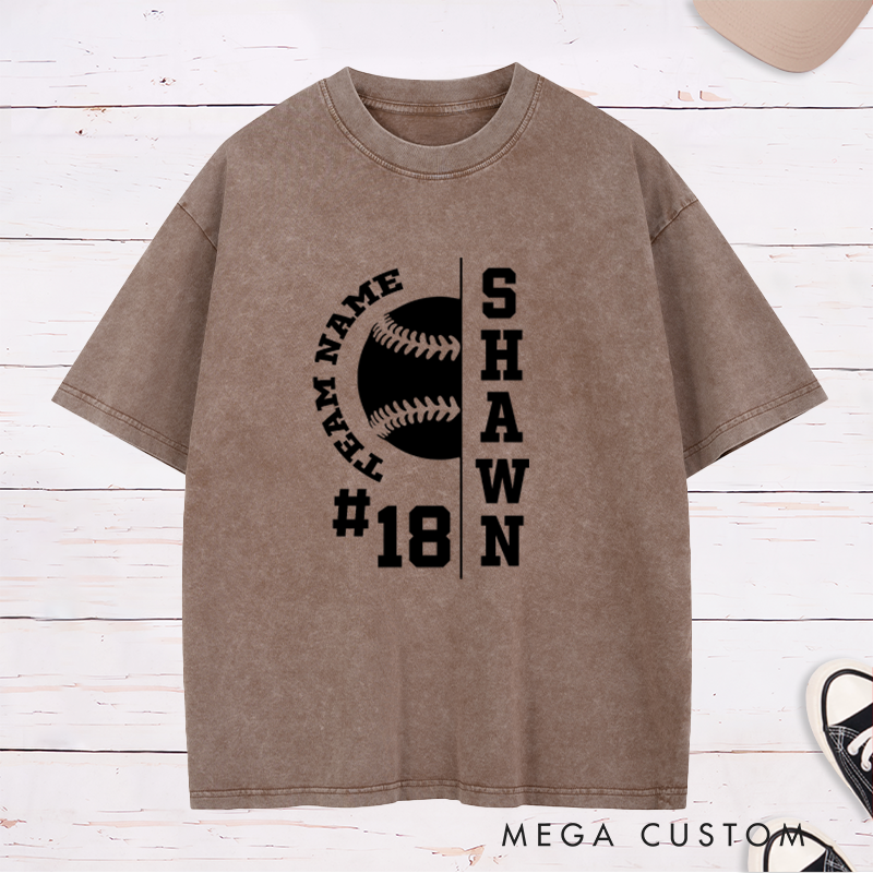 Personalized Baseball Washed T-Shirt with Half Baseball Graphic and Custom Name and Number
