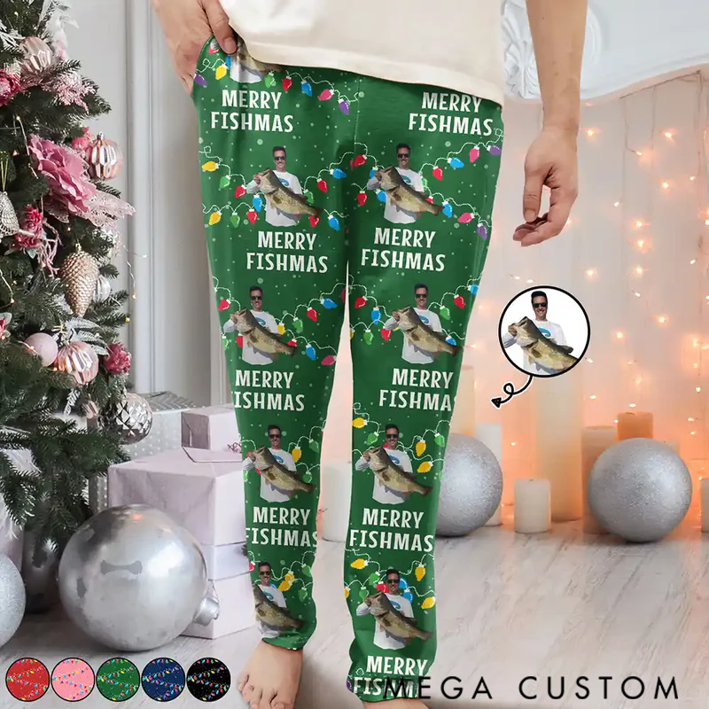 Personalized Merry Fishmas Pajama Pants Fishing Themed Christmas Pajama Pants Custom Photo Merry Fishmas Funny Holiday Gift for Fishermen