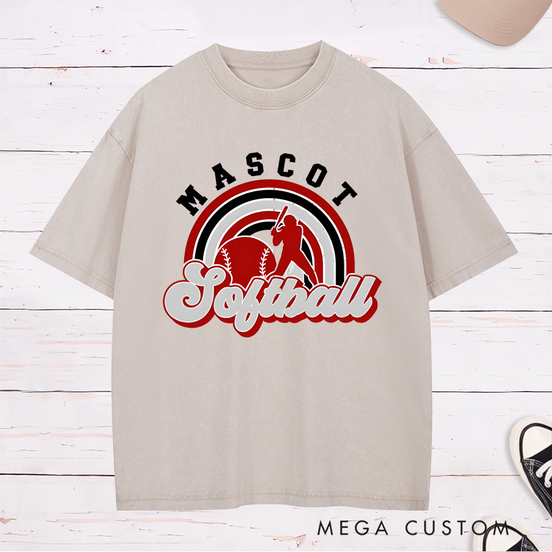Personalized Softball Washed T-Shirt Design Featuring Custom Team Name Retro Rainbow Graphic Player Silhouette and Bold Typography