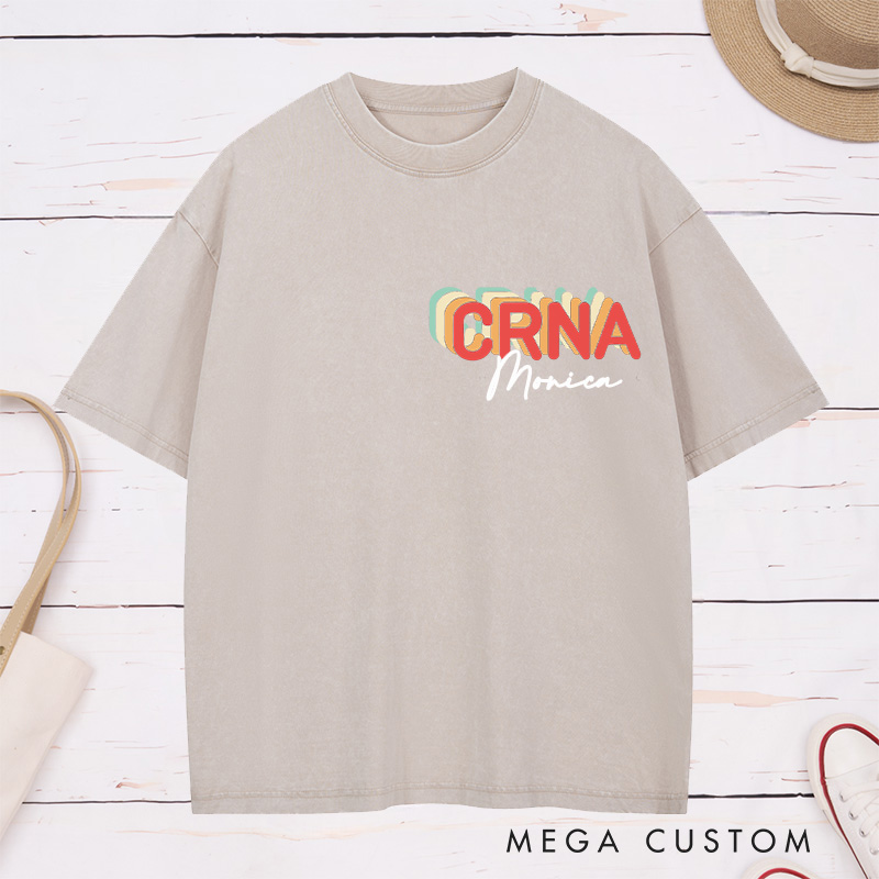 Personalized Nurse Washed T-Shirt Customized Vintage Brown CRNA Design Washed T-Shirt 