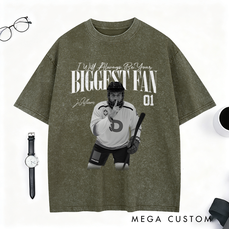 Personalized Ice Hockey Fan Washed T-Shirt with Custom Player Image, Name, and Number