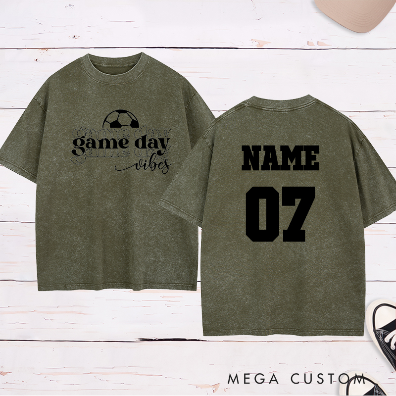 Personalized Game Day Vibes Washed T-Shirt Featuring Layered Typography and Custom Name and Number
