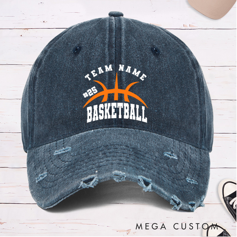 Personalized Distressed Denim Basketball Cap with Custom Team Name Player Number and Basketball Graphic Design