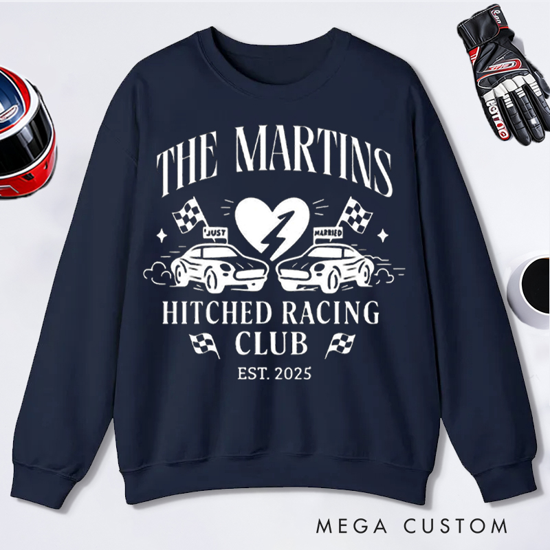 Personalized Just Married Racing Club Hoodie Custom Year and Text Gift for Newlyweds Car Lovers