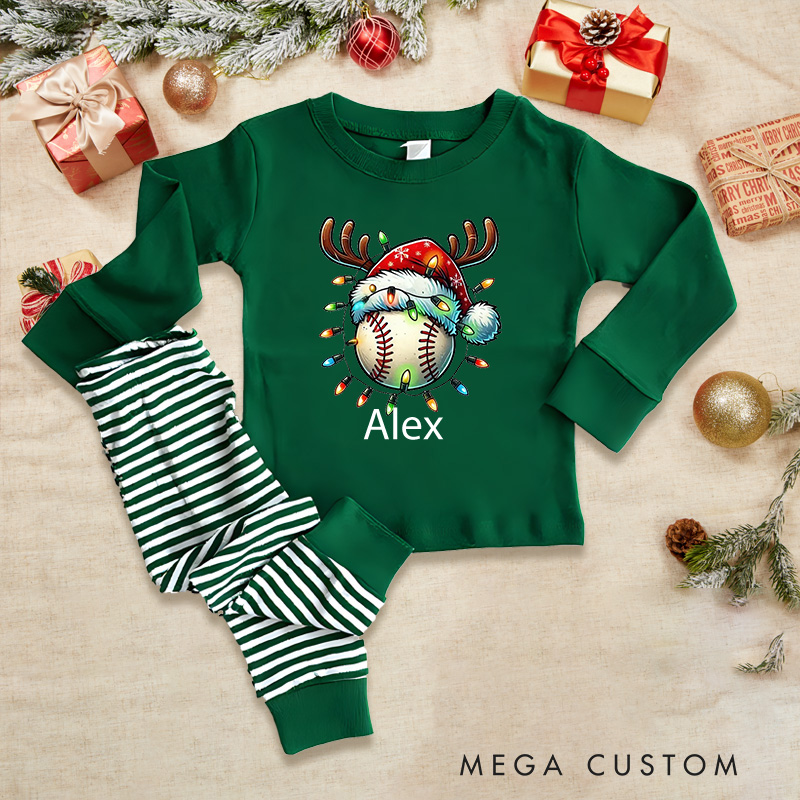Personalized Christmas Reindeer Baseball Pajamas for Kids with Custom Name  