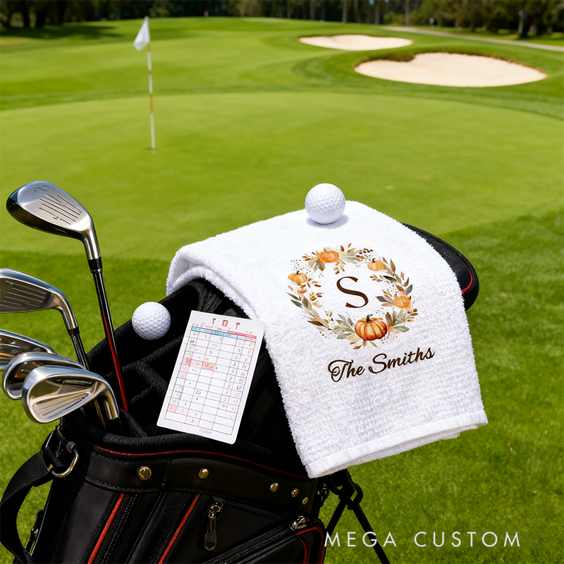 Personalized Golf Towel with Pumpkin Wreath and Custom Family Name 
