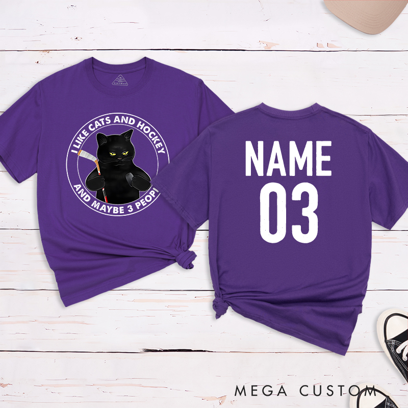 Personalized Funny Cat and Hockey Lover T-Shirt with Custom Name and Number
