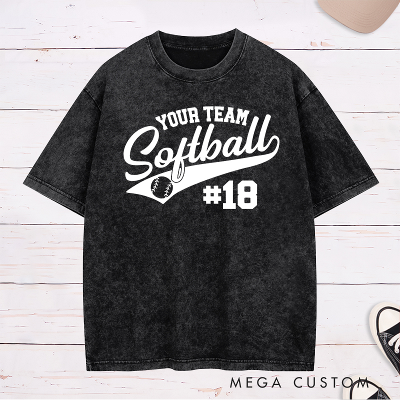 Personalized Softball Team Washed T-Shirt Design Featuring Customizable Team Name Elegant Script Softball Text Dynamic Swoosh Element Baseball Graphic and Custom Player Number
