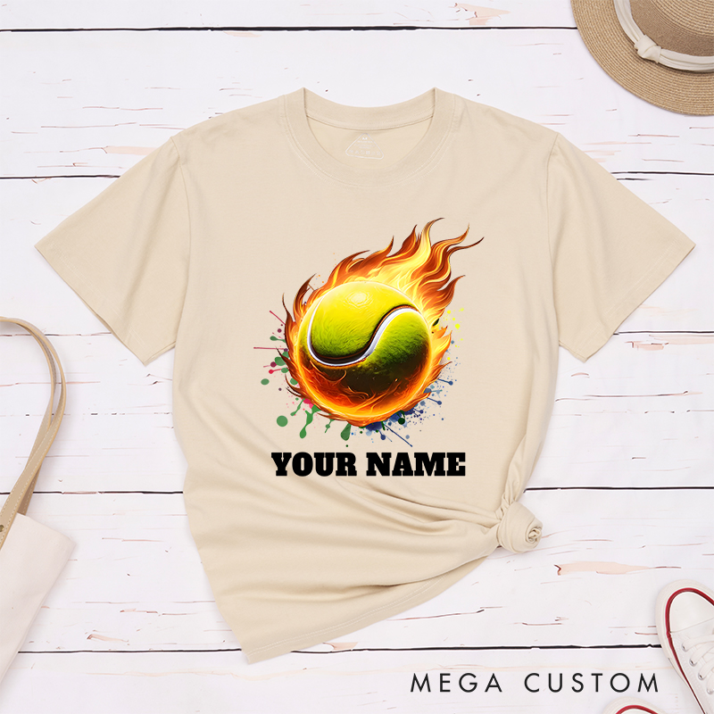 Personalized Tennis T-Shirt with Flaming Ball and Custom Name 